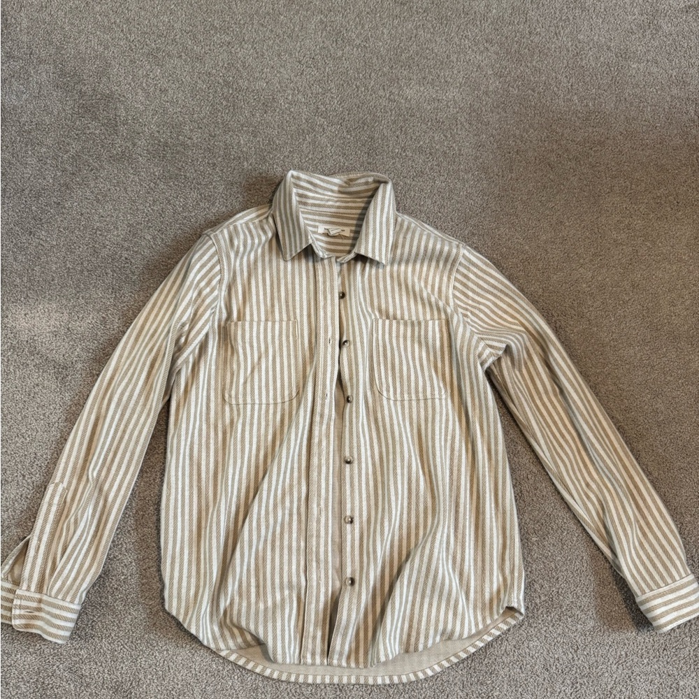 beachlunchlounge Tan and White Casual Button Down Shirt